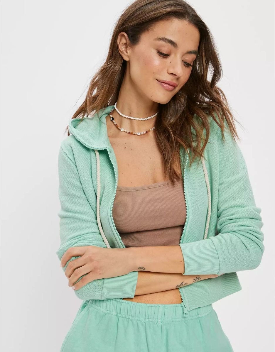 Sweat à Capuche American Eagle AE Sun Set Zip-Up Vert Femme | ZJP-95971646